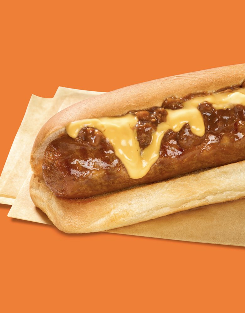 Chili Cheese Ultimate Sausage™ topped with chili and cheese sauce